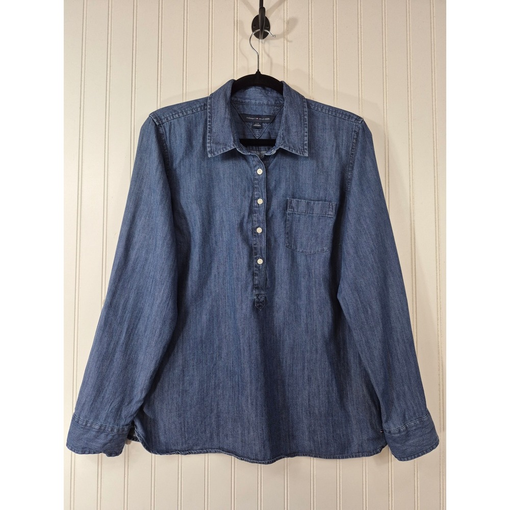 Tommy Hilfiger Womens Large Denim Popover Shirt Blue Long Sleeve Cotton Viscose